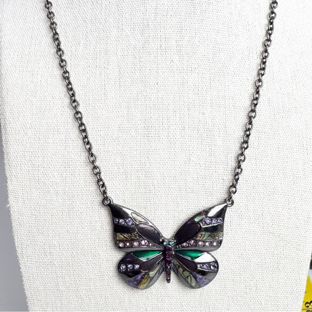 PIERRE LANG Signed Butterfly Necklace Black  Pendant Colorful Crystals Designer